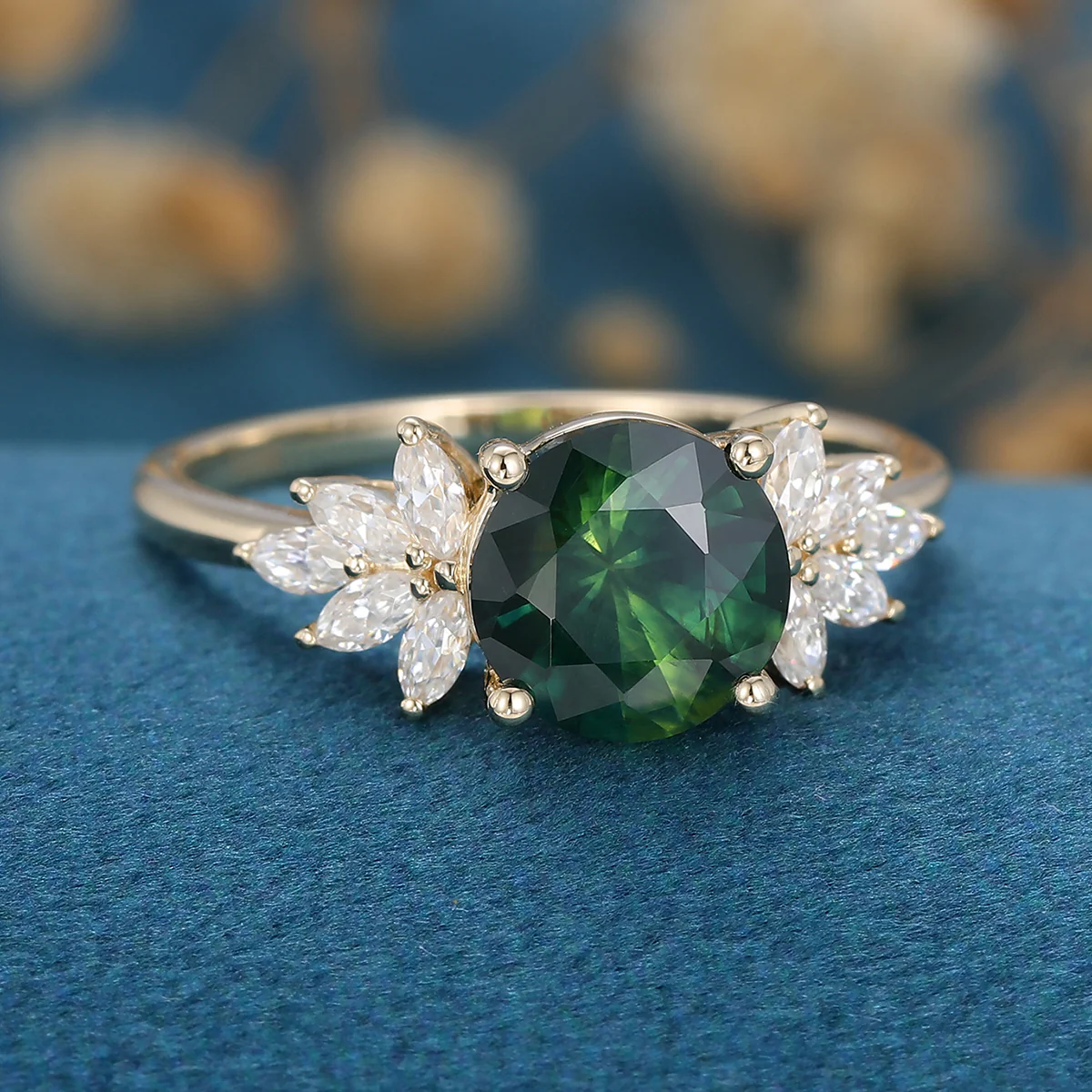 Round Blue green sapphire Cluster Engagement ring - Image 8