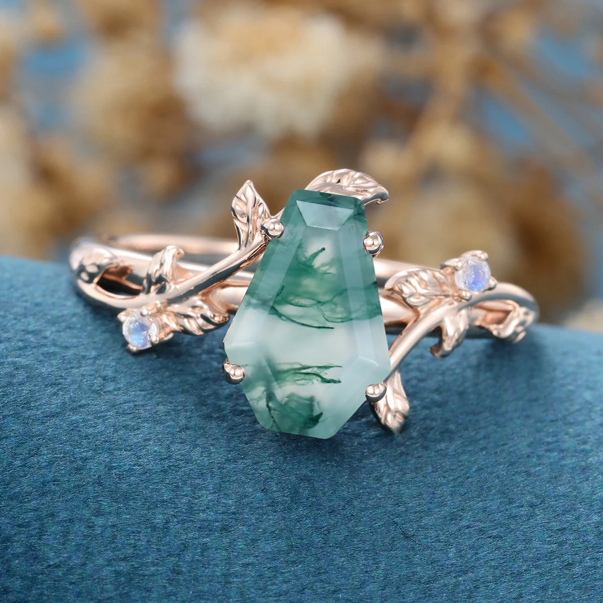 Coffin Cut Natural Green Moss Agate  Engagement Ring - Image 5