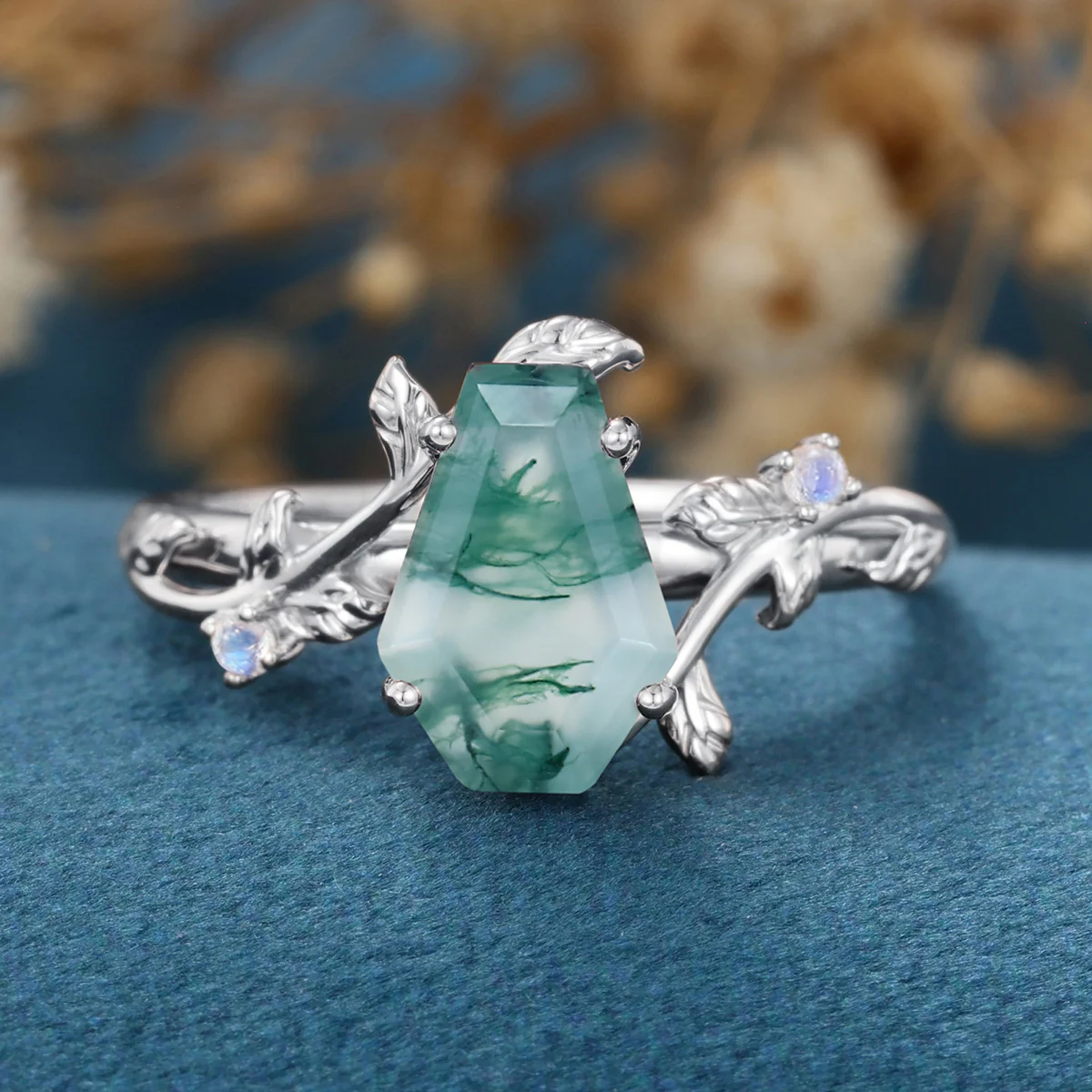 Coffin Cut Natural Green Moss Agate  Engagement Ring - Image 9