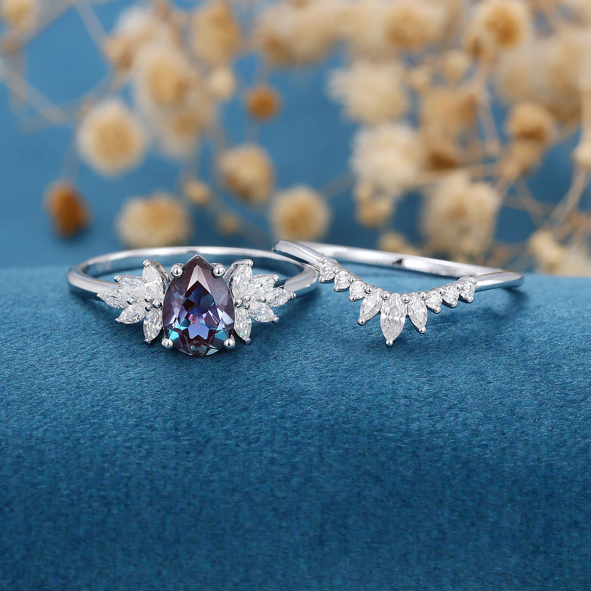 1.2Carat Pear Lab Alexandrite Engagement ring Bridal Set - Image 3