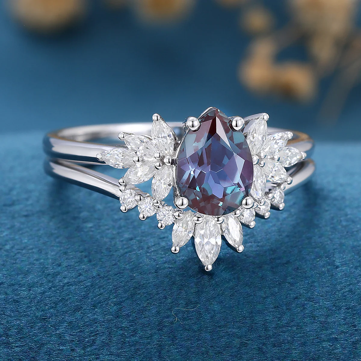 1.2Carat Pear Lab Alexandrite Engagement ring Bridal Set - Image 4