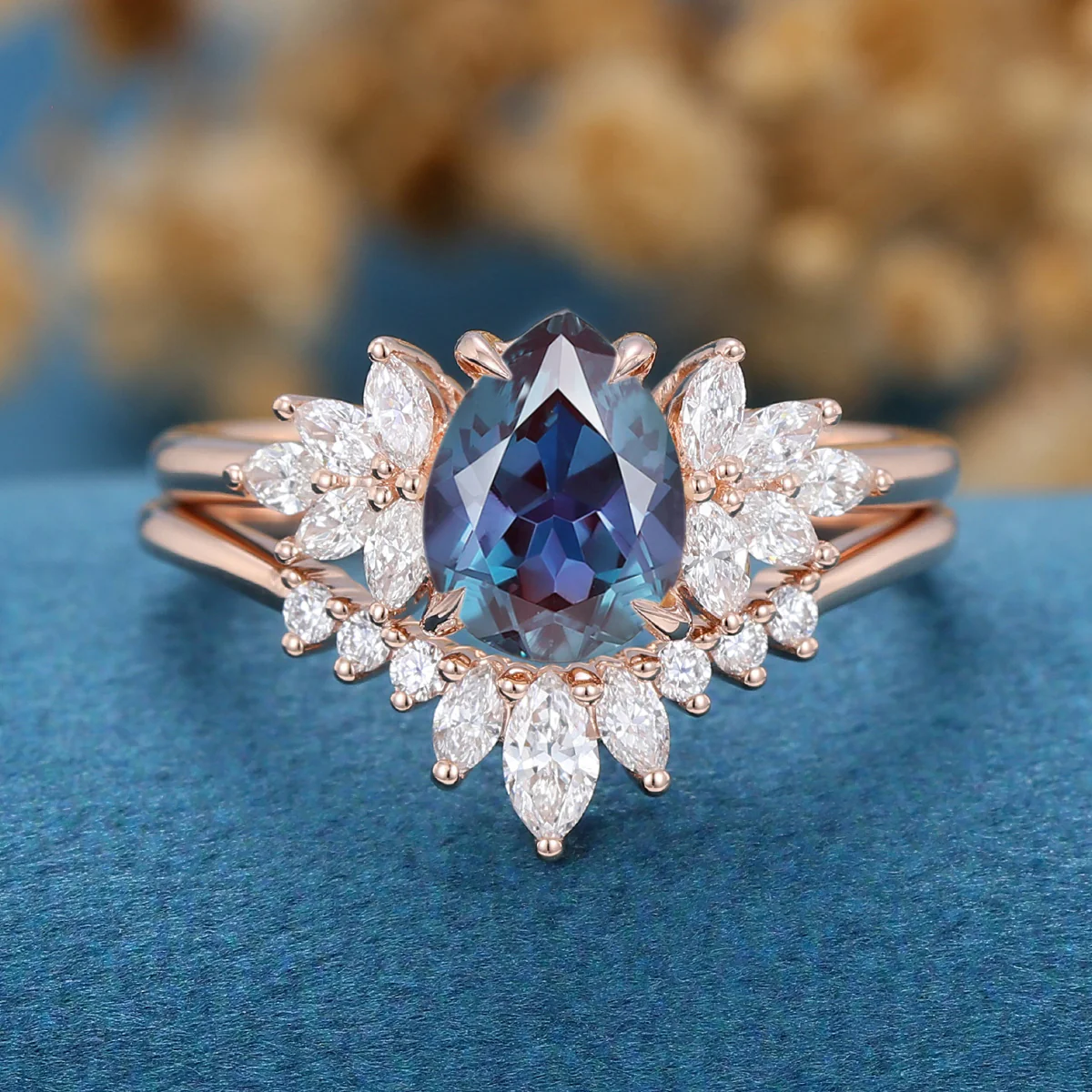 1.2Carat Pear Lab Alexandrite Engagement ring Bridal Set - Image 6