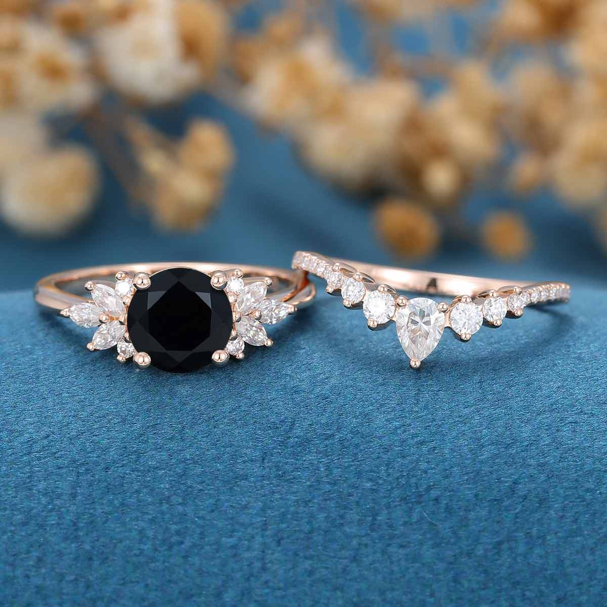 1.2Carat Round Black Onyx Cluster Engagement Bridal Set - Image 3