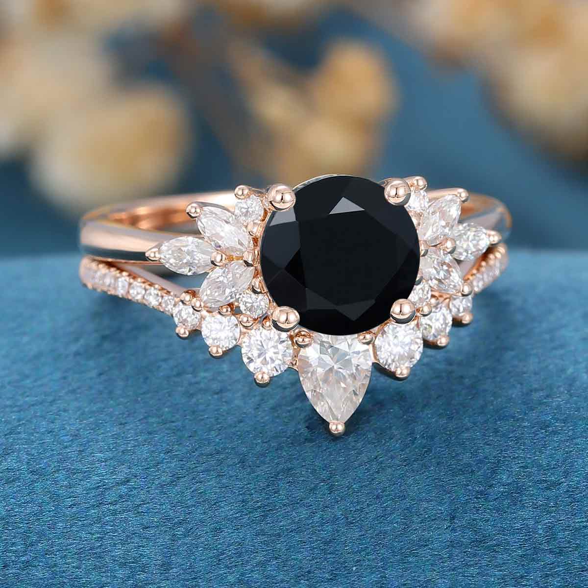 1.2Carat Round Black Onyx Cluster Engagement Bridal Set - Image 4