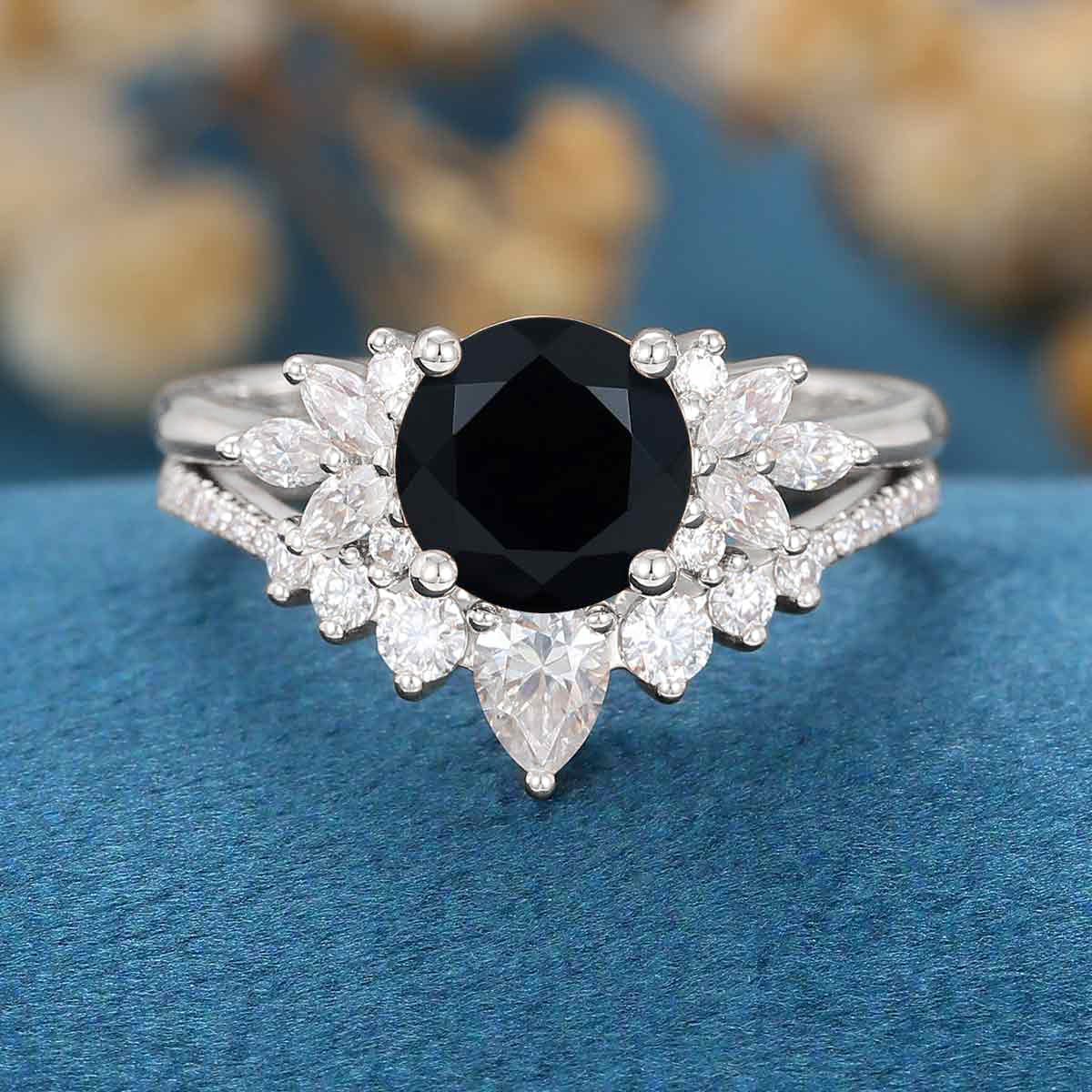 1.2Carat Round Black Onyx Cluster Engagement Bridal Set - Image 6