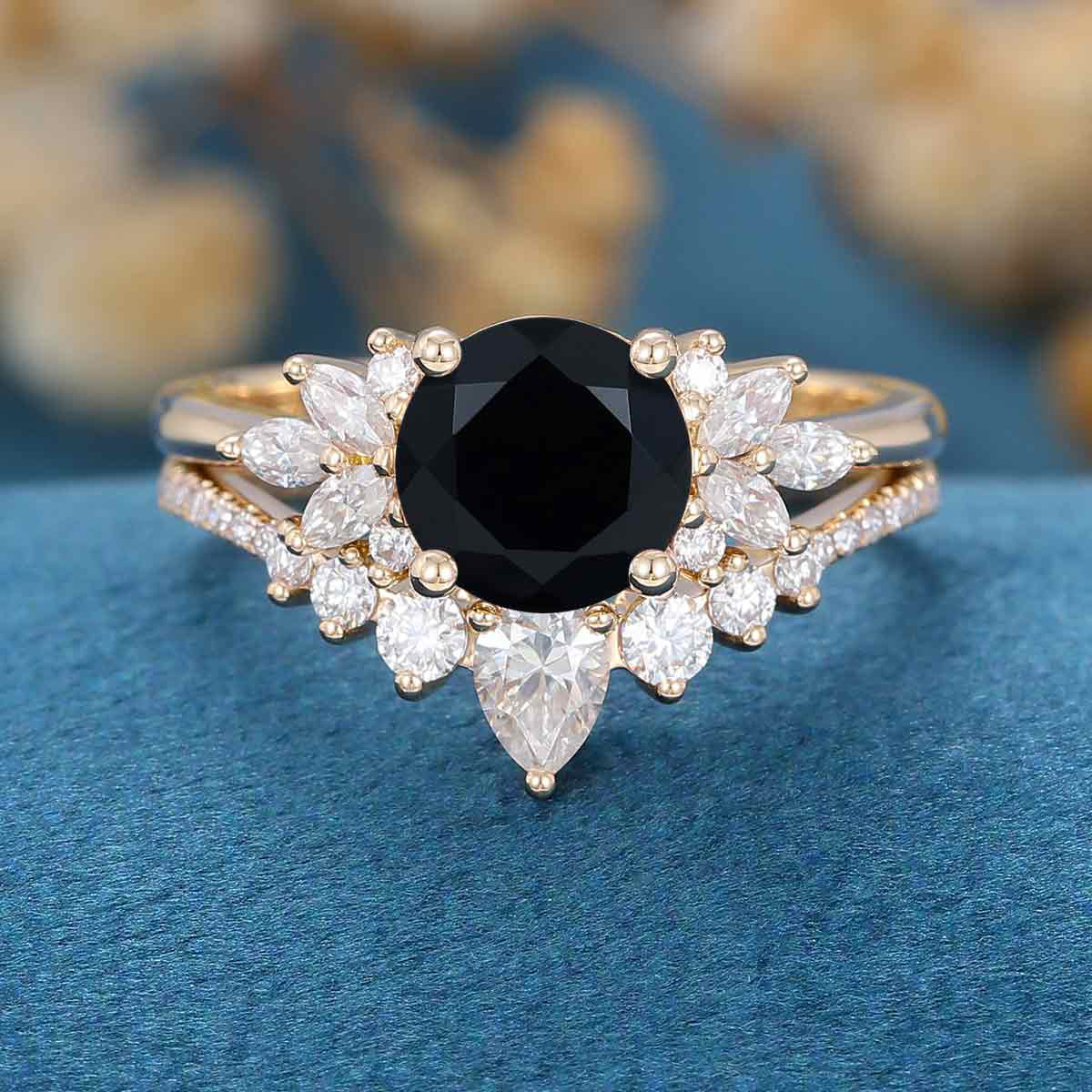 1.2Carat Round Black Onyx Cluster Engagement Bridal Set - Image 7