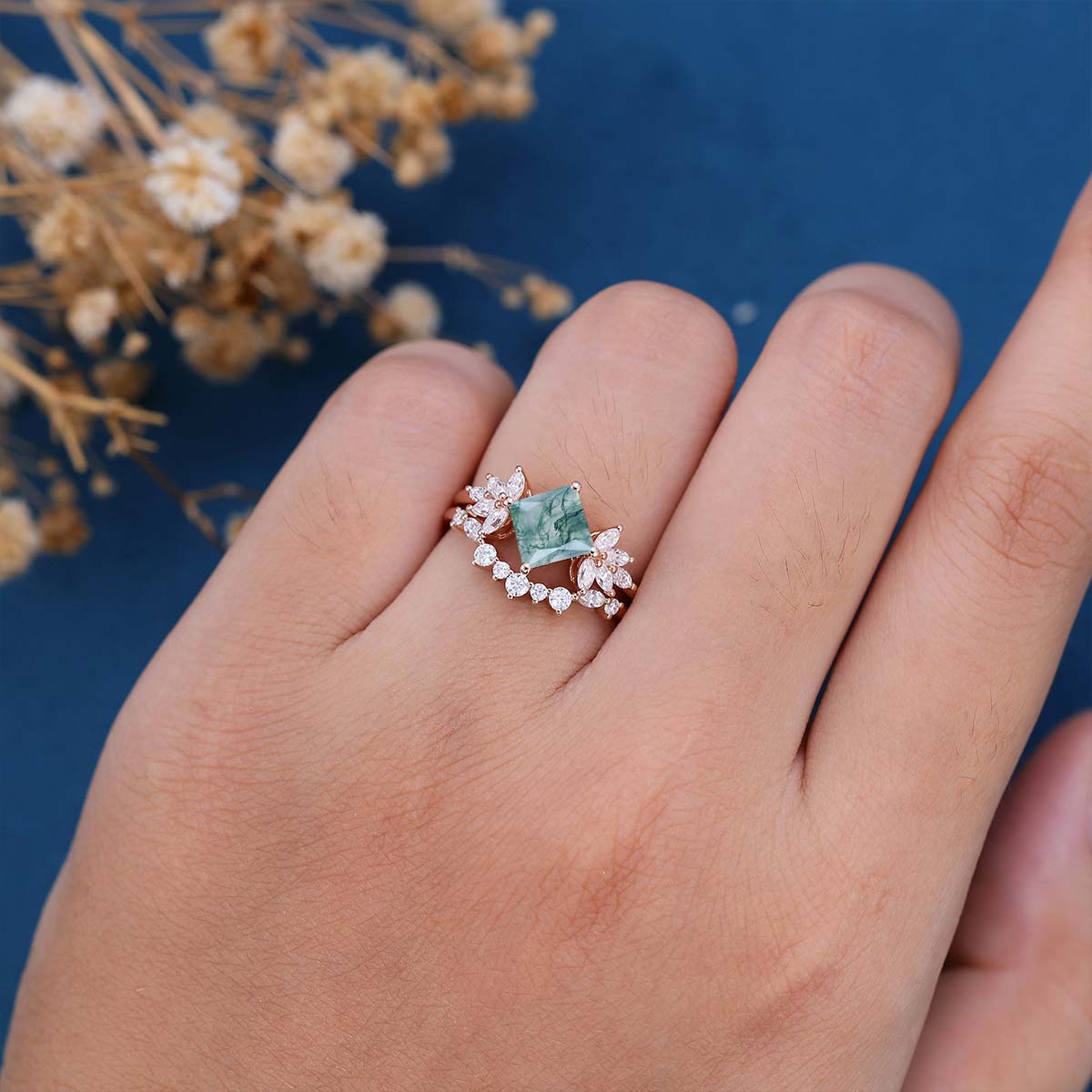 Natural Green Moss Agate Princess cut cluster Engagement Ring Bridal Sets - Image 2