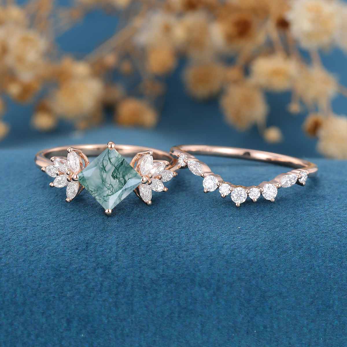 Natural Green Moss Agate Princess cut cluster Engagement Ring Bridal Sets - Image 4