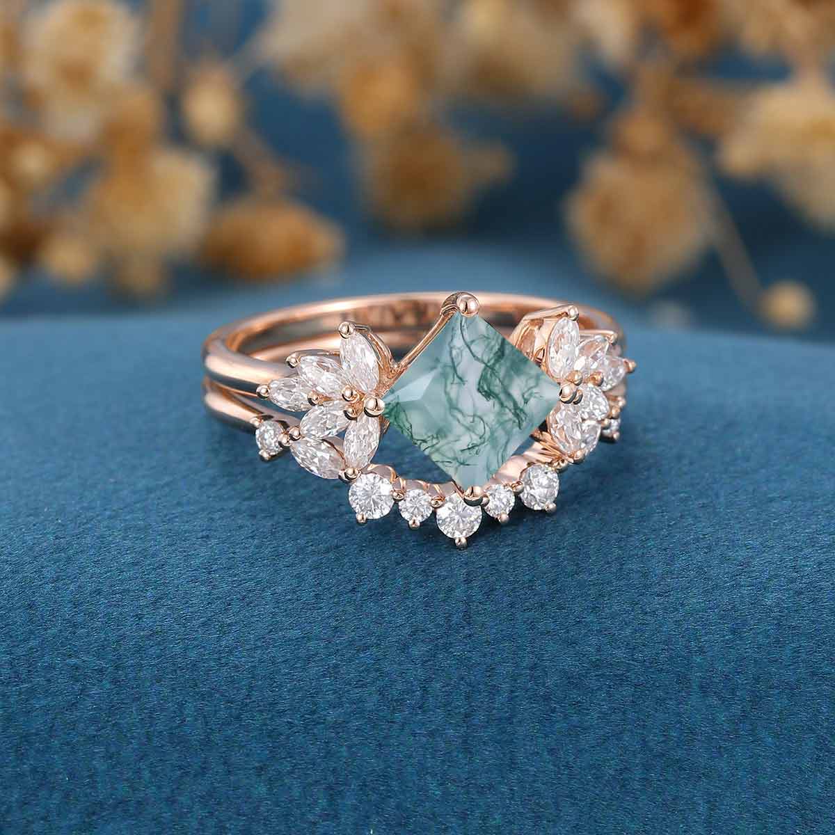 Natural Green Moss Agate Princess cut cluster Engagement Ring Bridal Sets - Image 5