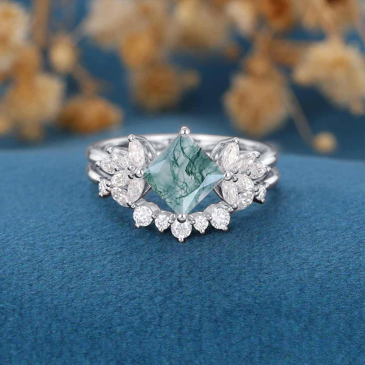 Natural Green Moss Agate Princess cut cluster Engagement Ring Bridal Sets - Image 6
