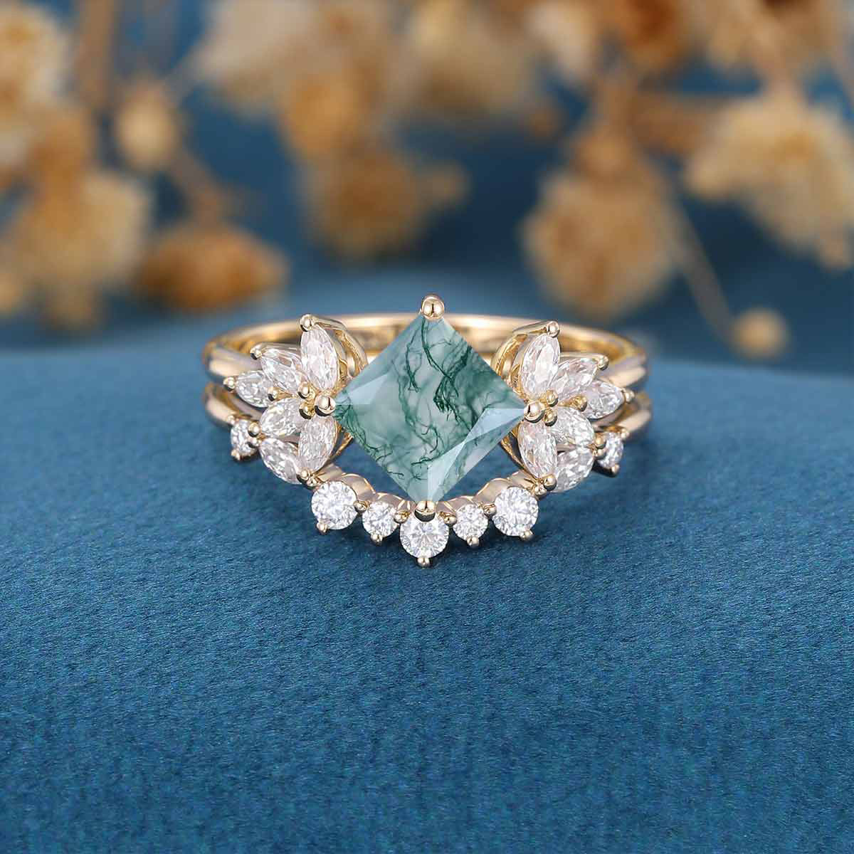 Natural Green Moss Agate Princess cut cluster Engagement Ring Bridal Sets - Image 7