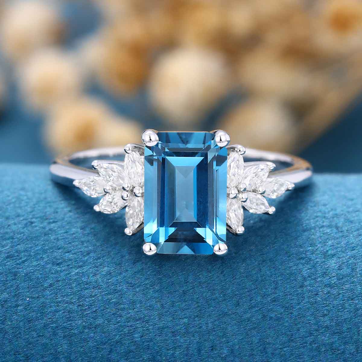 6*9mm Emerald cut London Blue Topaz Cluster Engagement Ring - Image 3