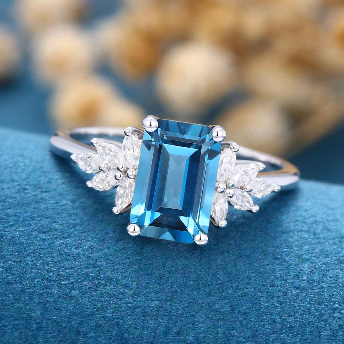 6*9mm Emerald cut London Blue Topaz Cluster Engagement Ring - Image 4