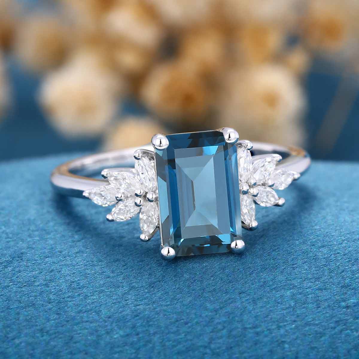 6*9mm Emerald cut London Blue Topaz Cluster Engagement Ring - Image 5