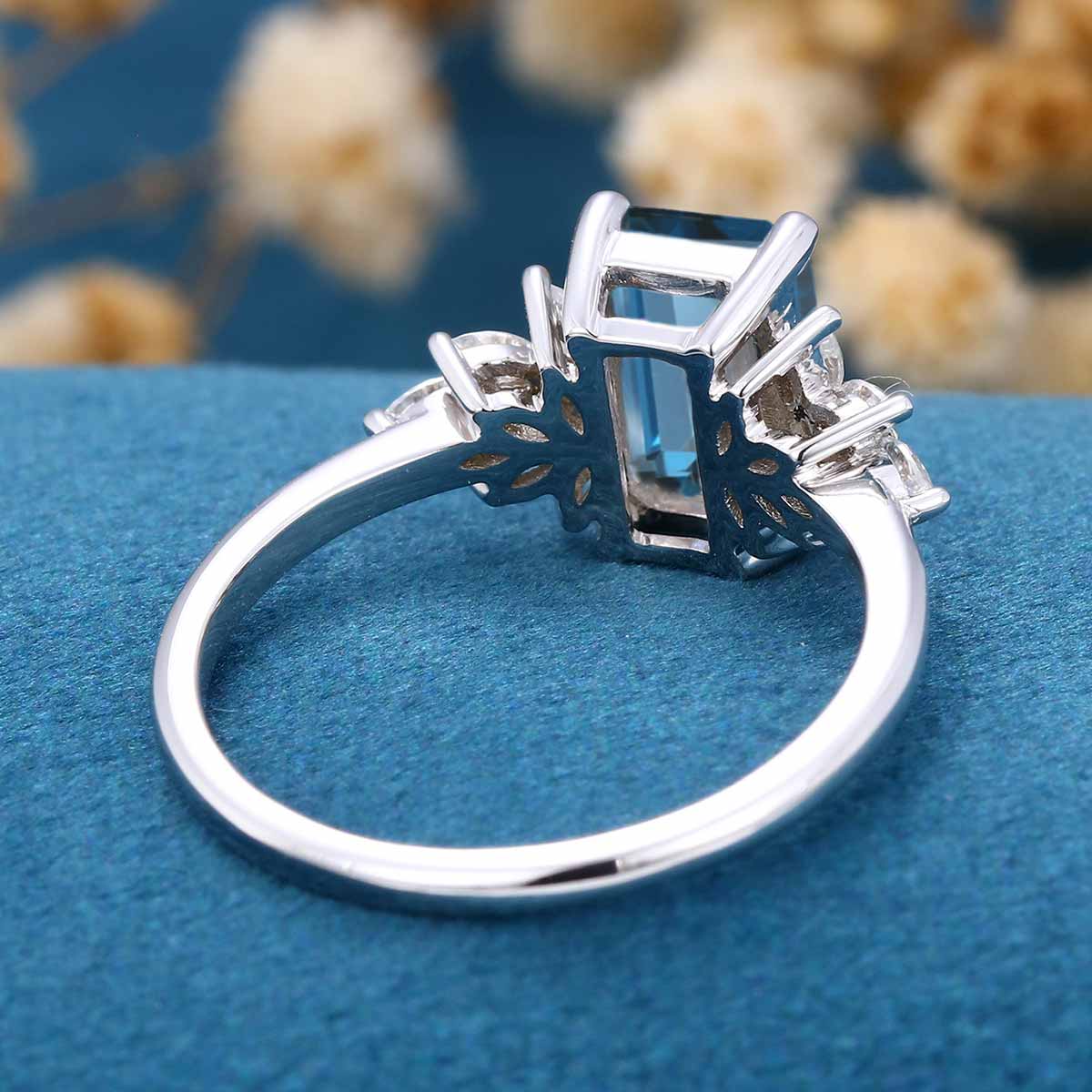 6*9mm Emerald cut London Blue Topaz Cluster Engagement Ring - Image 6