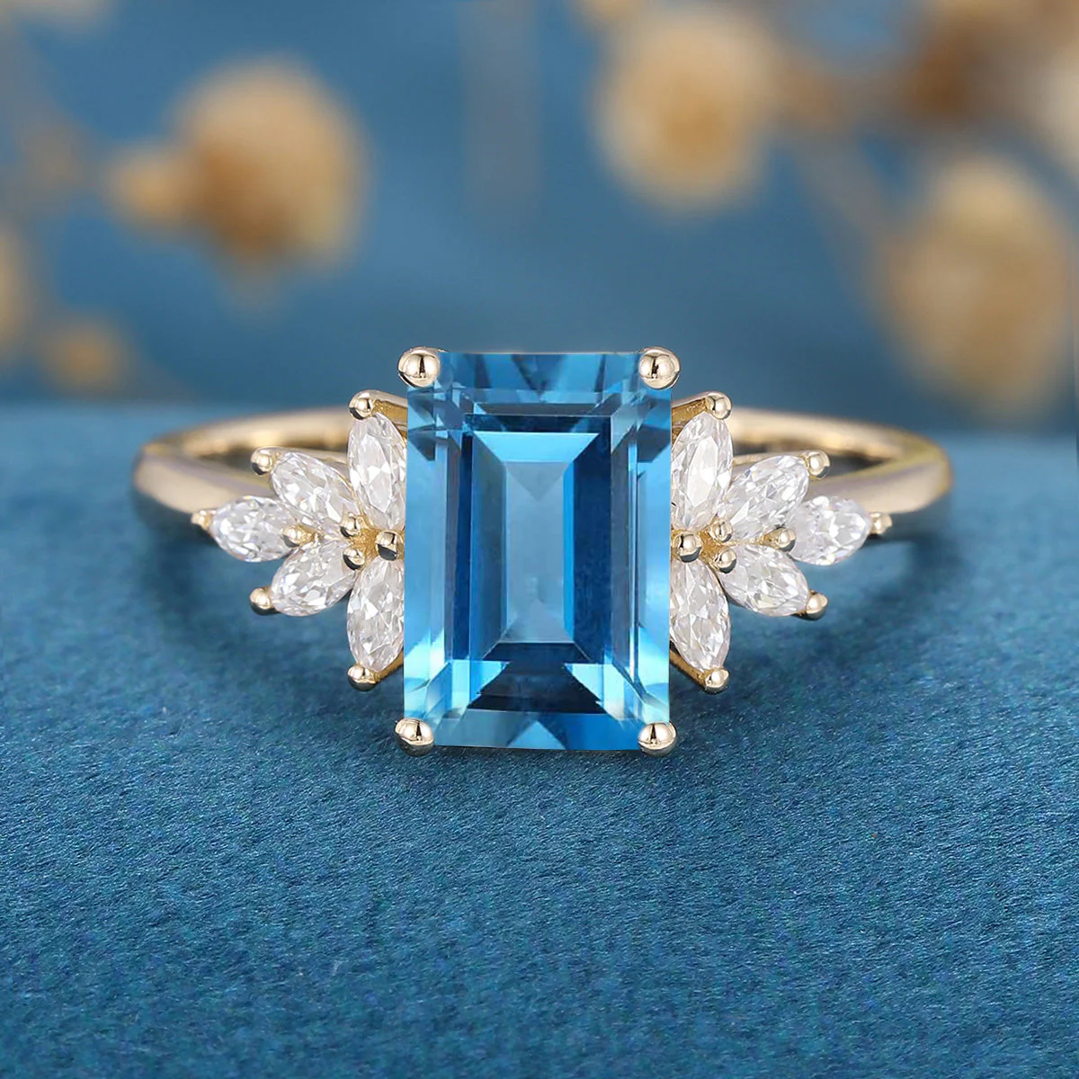 6*9mm Emerald cut London Blue Topaz Cluster Engagement Ring - Image 7