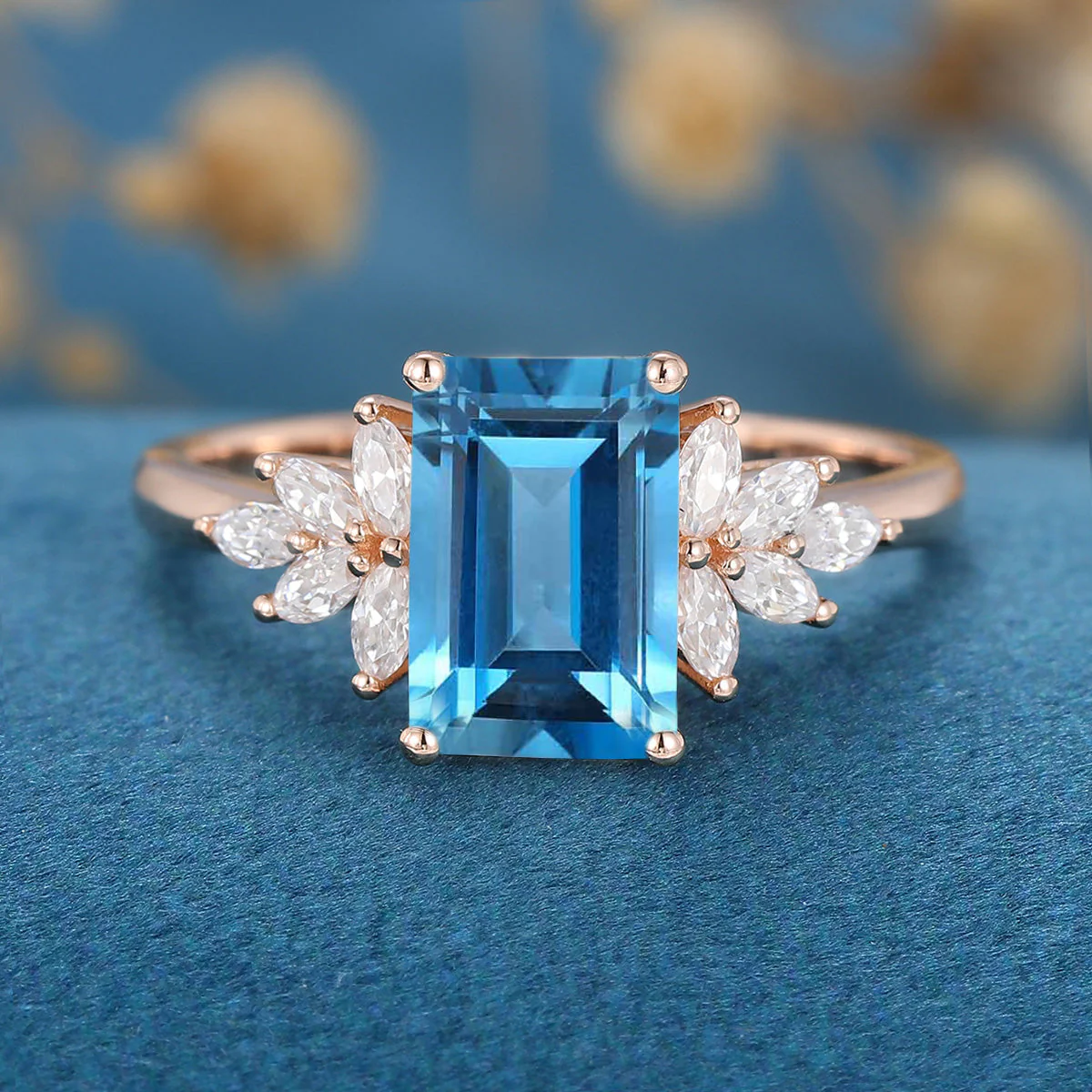 6*9mm Emerald cut London Blue Topaz Cluster Engagement Ring - Image 8