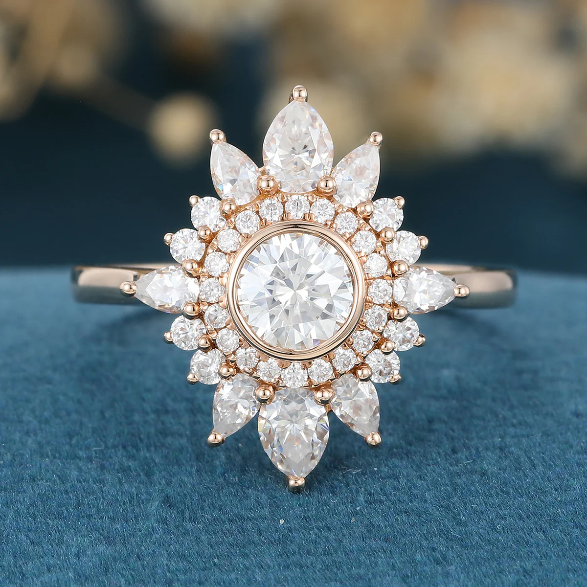 Bezel Set Round cut Halo Moissanite | Diamond Gold Engagement Ring - Image 3