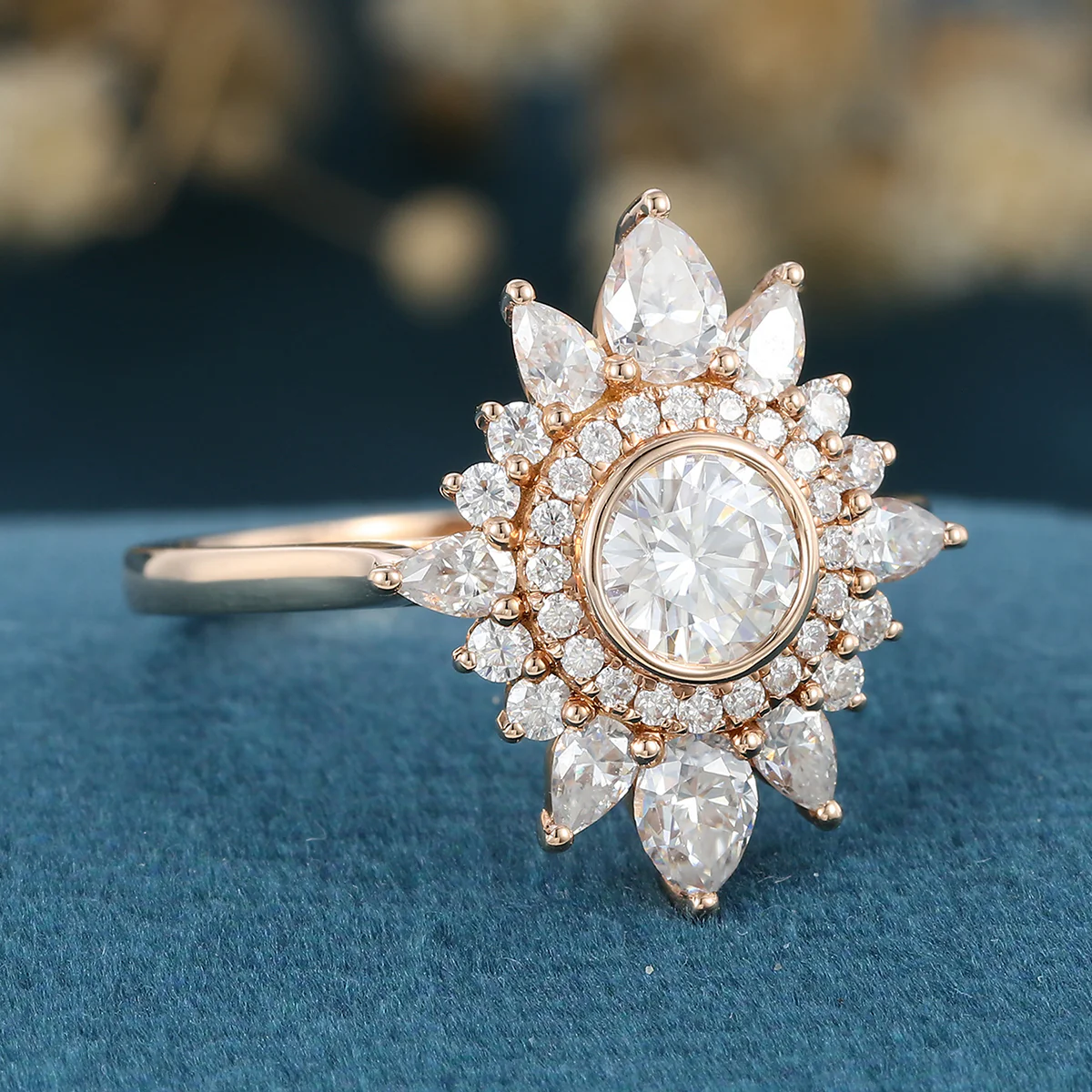 Bezel Set Round cut Halo Moissanite | Diamond Gold Engagement Ring - Image 4