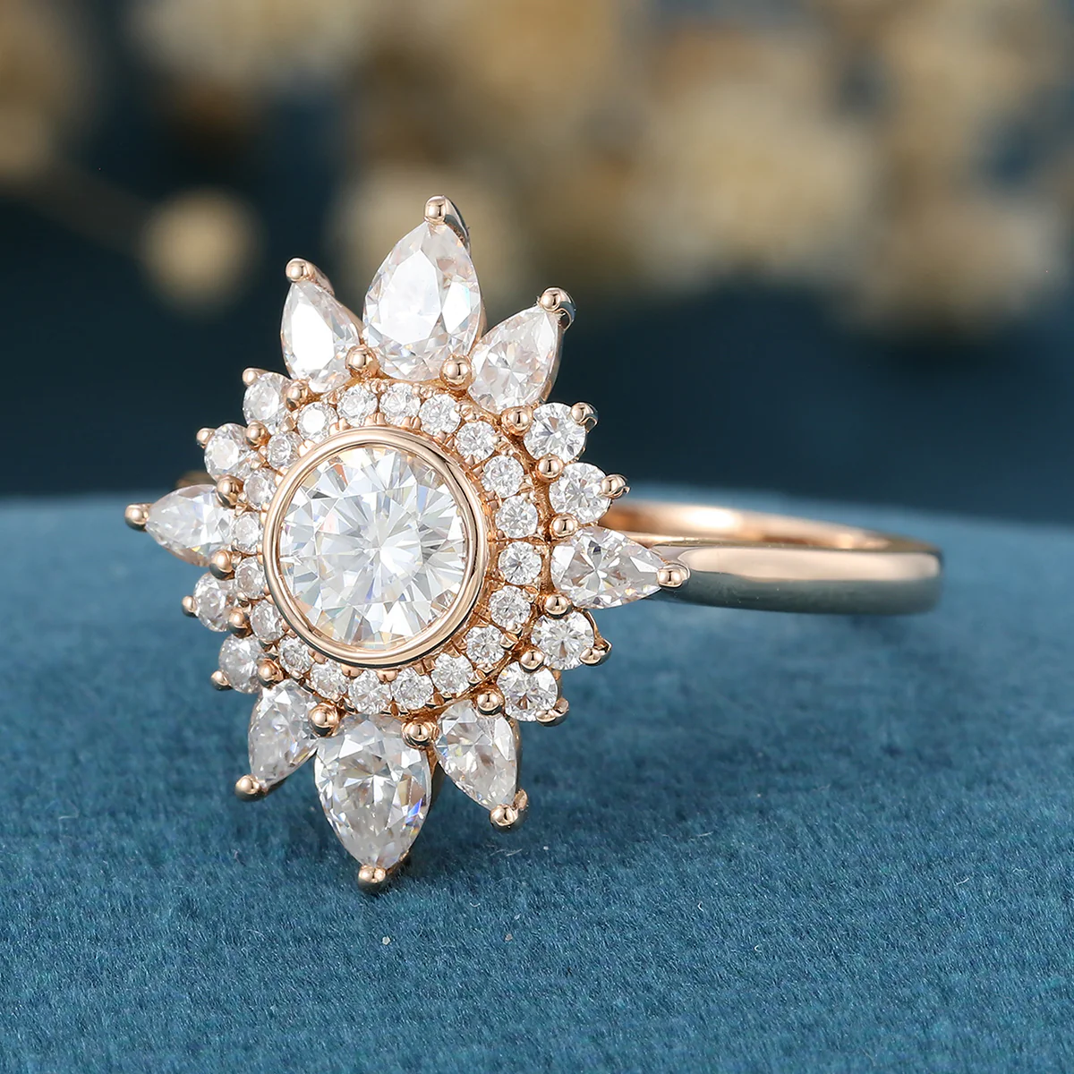 Bezel Set Round cut Halo Moissanite | Diamond Gold Engagement Ring - Image 5