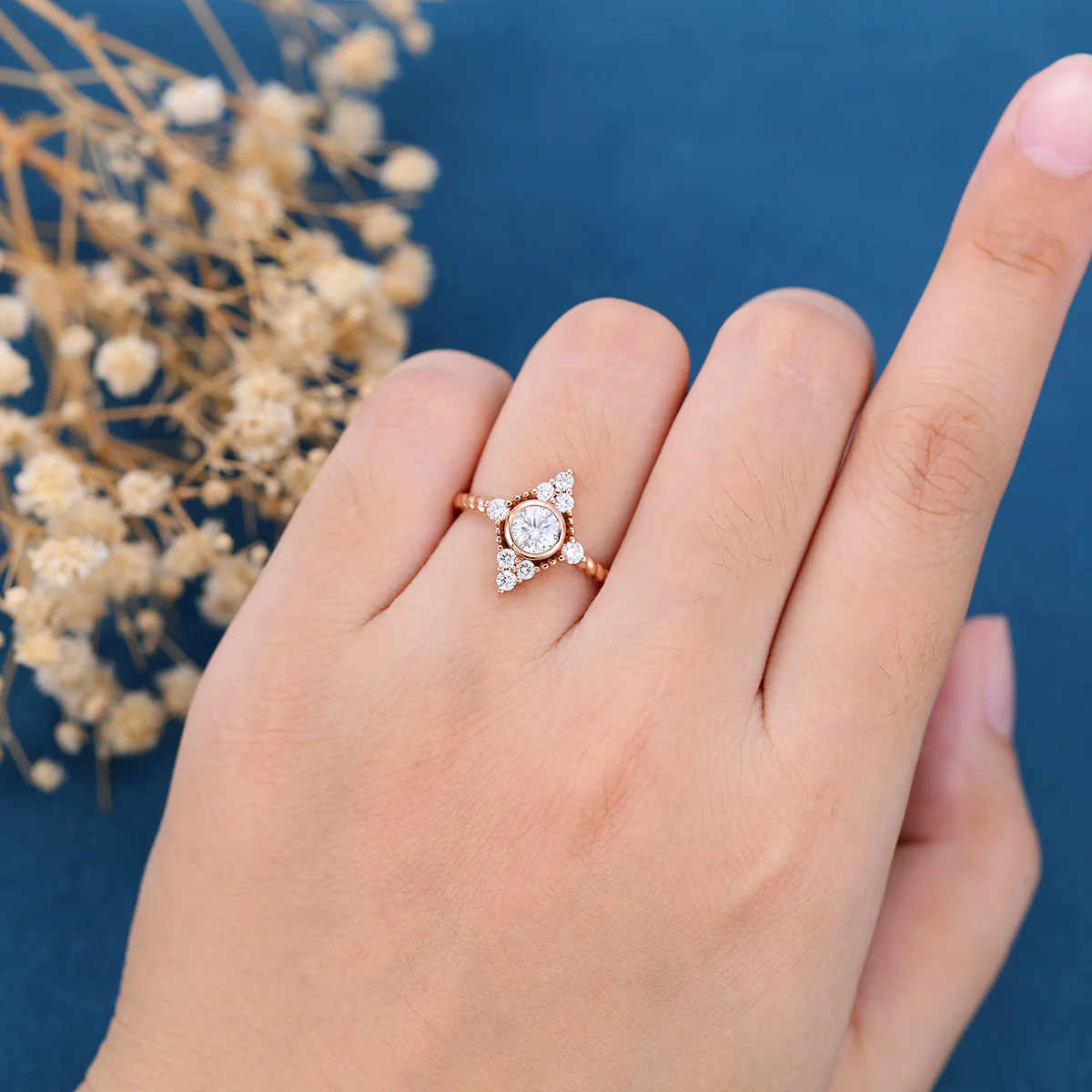 Bezel SetSet Round cut Moissanite Halo Gold Engagement Ring - Image 2