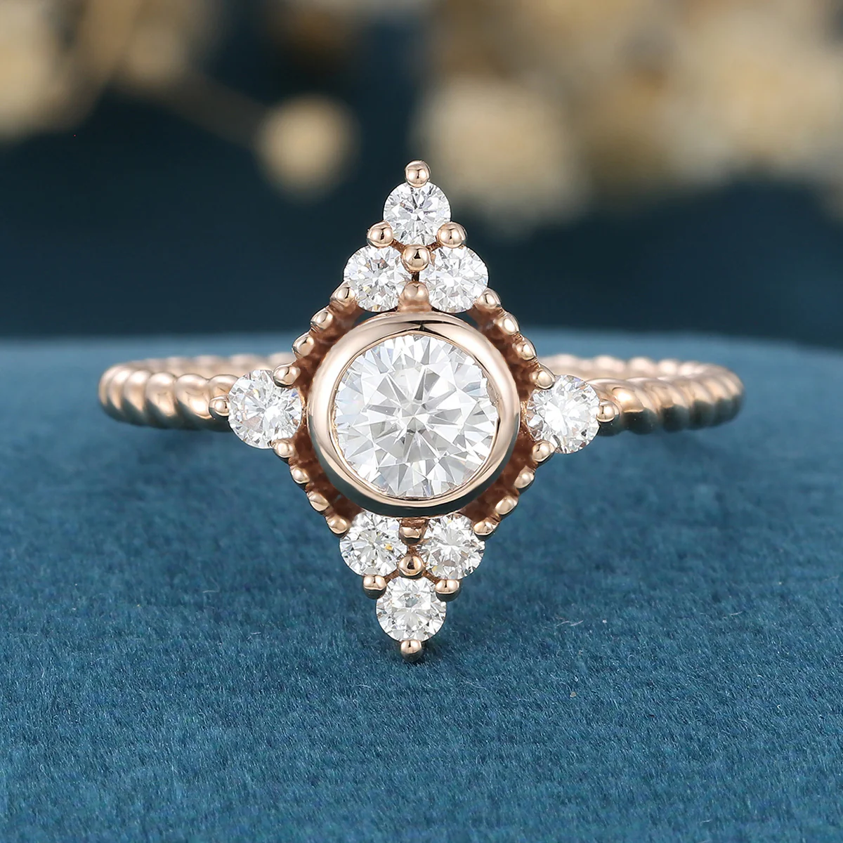 Bezel SetSet Round cut Moissanite Halo Gold Engagement Ring - Image 3