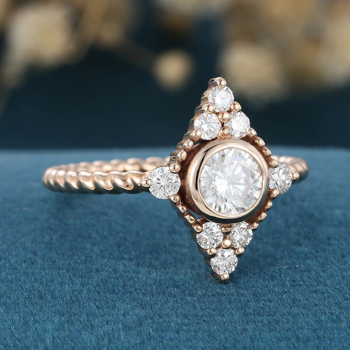 Bezel SetSet Round cut Moissanite Halo Gold Engagement Ring - Image 4