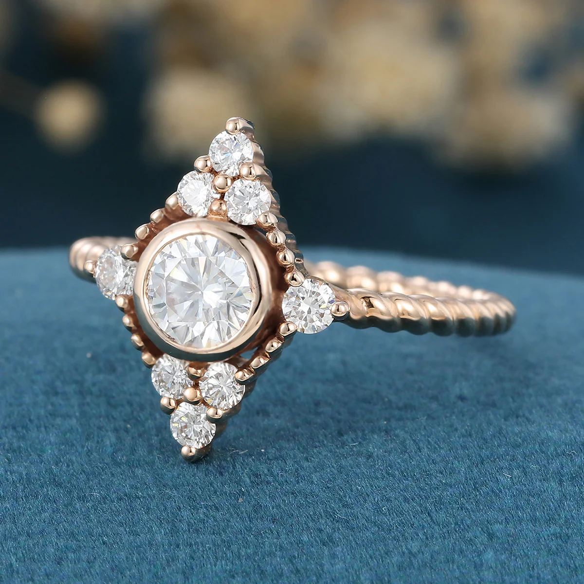 Bezel SetSet Round cut Moissanite Halo Gold Engagement Ring - Image 5