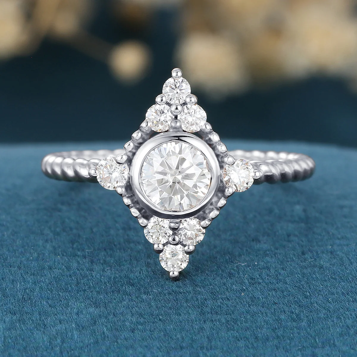 Bezel SetSet Round cut Moissanite Halo Gold Engagement Ring - Image 7