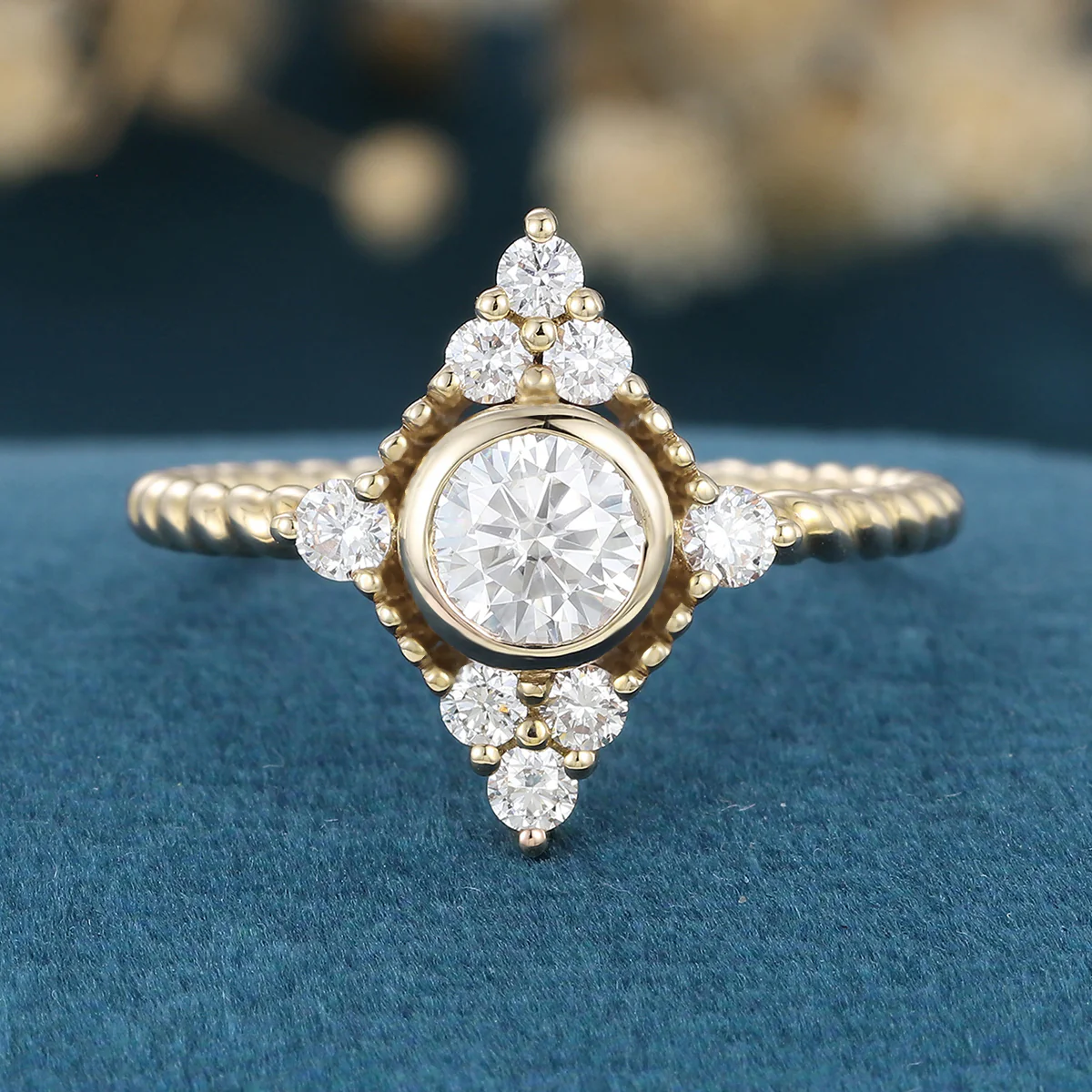Bezel SetSet Round cut Moissanite Halo Gold Engagement Ring - Image 8