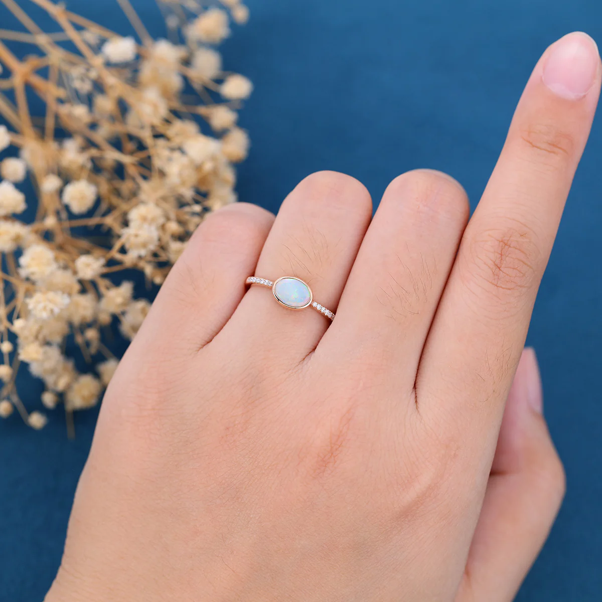 Bezel setting Oval cut Opal Half Eternity Moissanite | Diamonds Gold Engagement Ring - Image 2