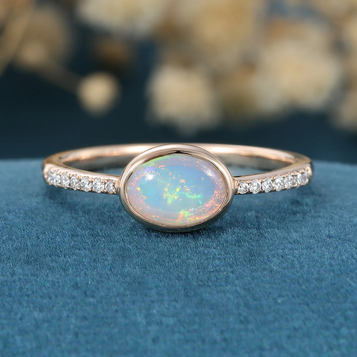 Bezel setting Oval cut Opal Half Eternity Moissanite | Diamonds Gold Engagement Ring - Image 3