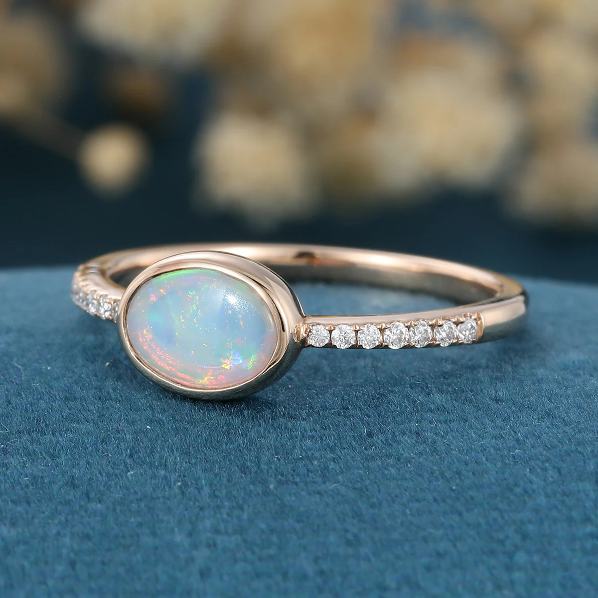 Bezel setting Oval cut Opal Half Eternity Moissanite | Diamonds Gold Engagement Ring - Image 4