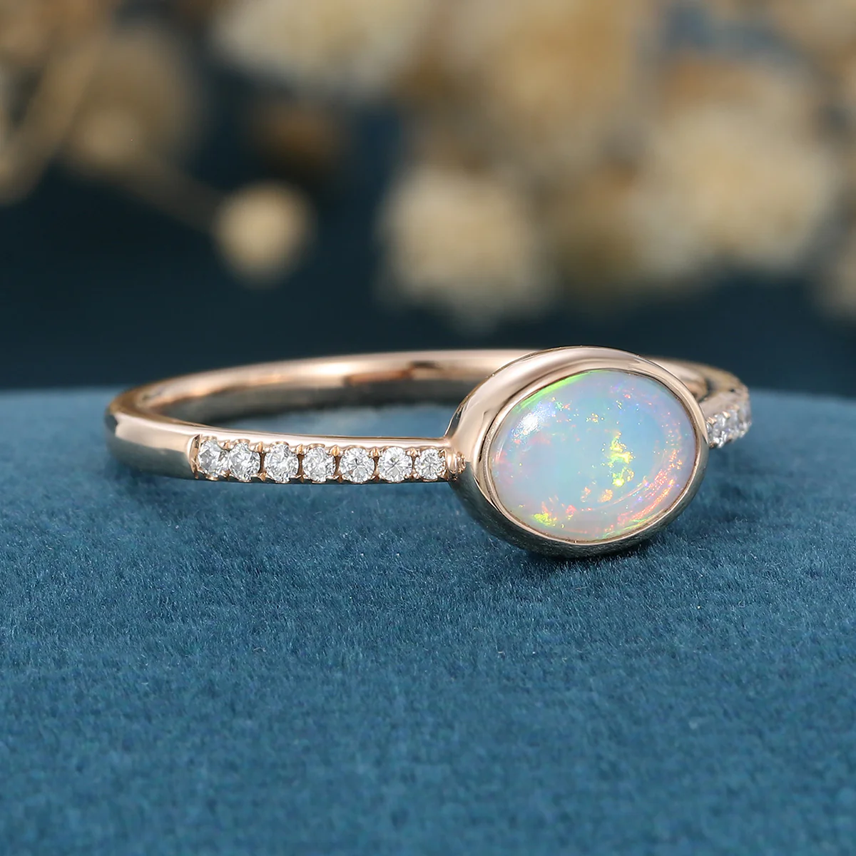 Bezel setting Oval cut Opal Half Eternity Moissanite | Diamonds Gold Engagement Ring - Image 5
