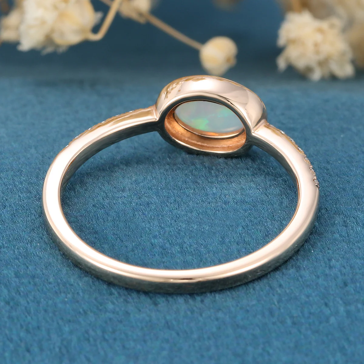 Bezel setting Oval cut Opal Half Eternity Moissanite | Diamonds Gold Engagement Ring - Image 6