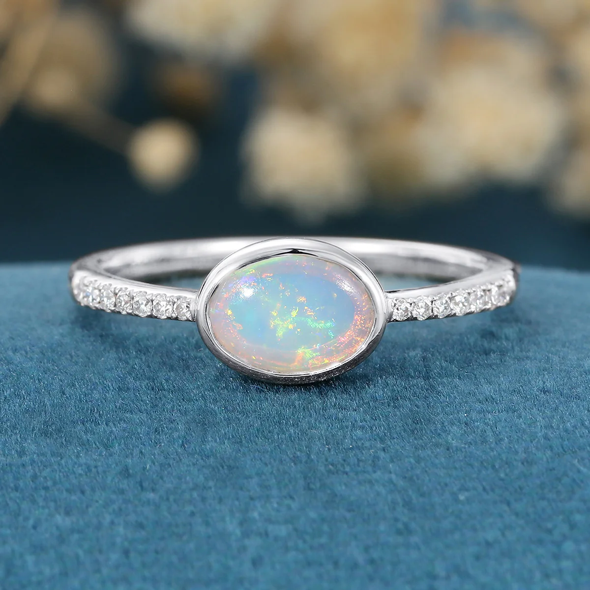 Bezel setting Oval cut Opal Half Eternity Moissanite | Diamonds Gold Engagement Ring - Image 7