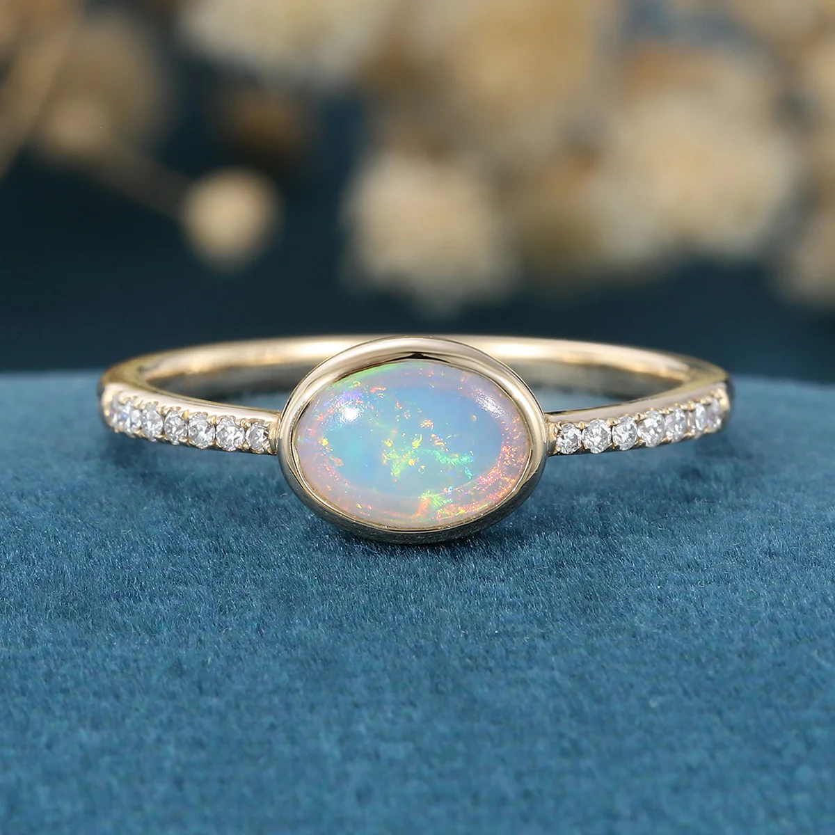 Bezel setting Oval cut Opal Half Eternity Moissanite | Diamonds Gold Engagement Ring - Image 8