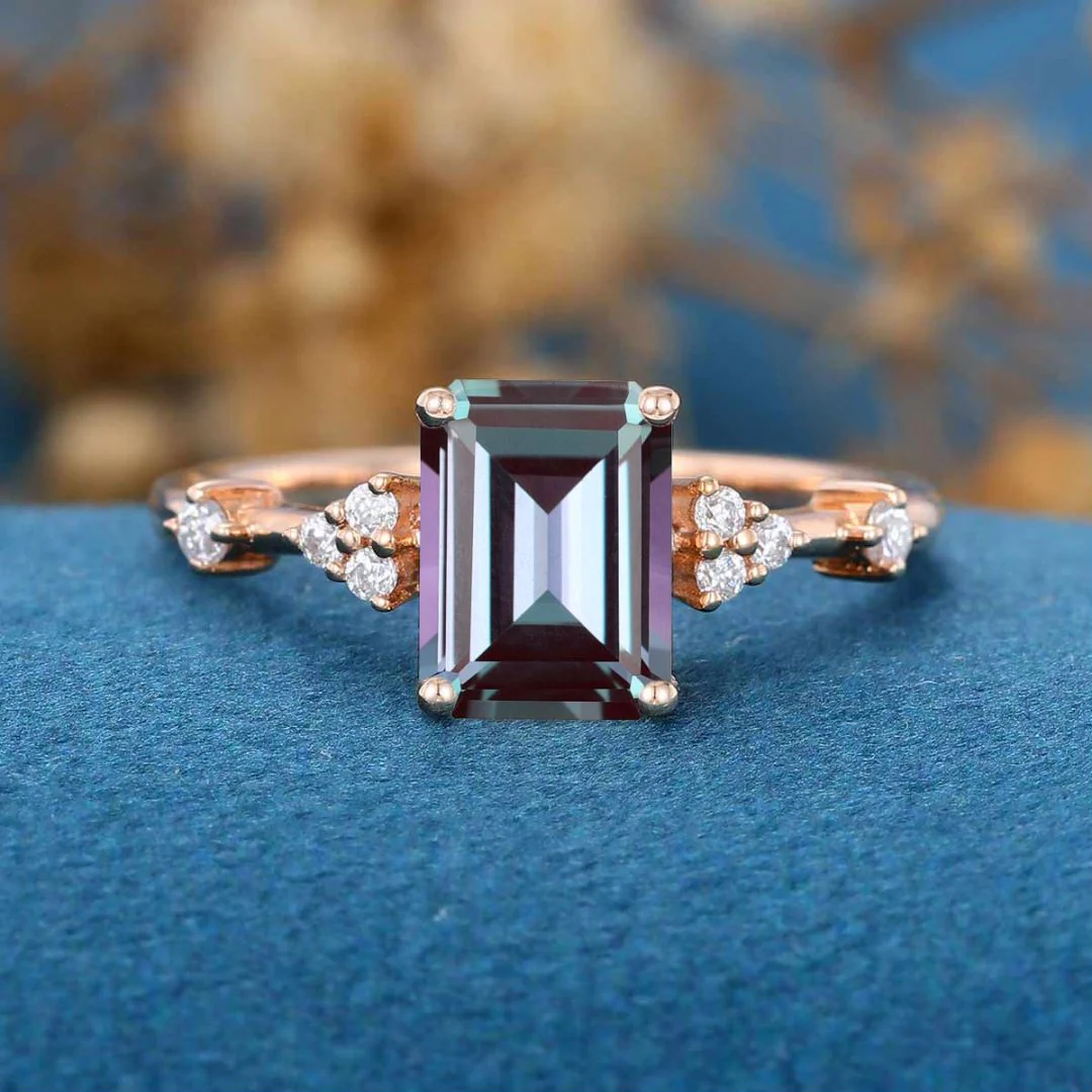 Emerald cut Lab Alexandrite Cluster Engagement Ring - Image 8