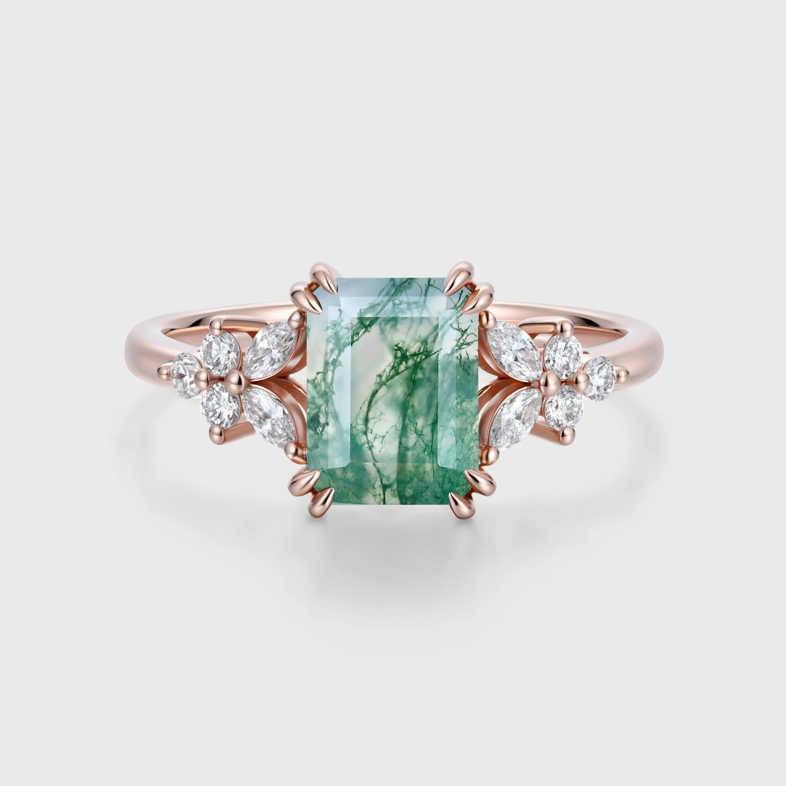 Natural Green Moss Agate Emerald cut cluster Engagement Ring
