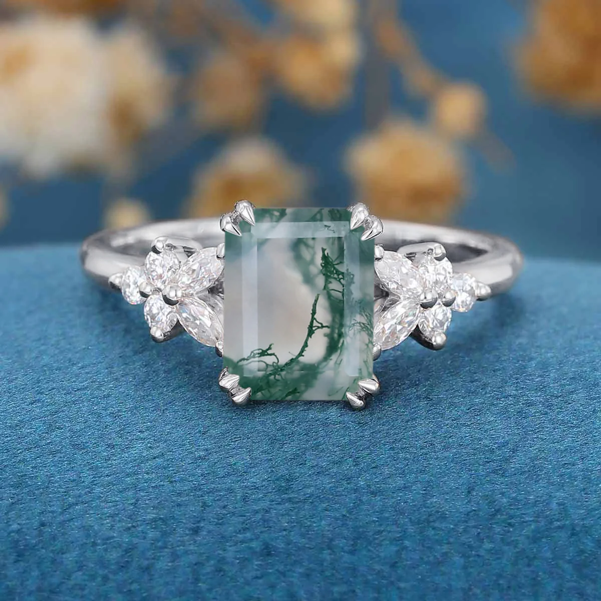 Natural Green Moss Agate Emerald cut cluster Engagement Ring - Image 10