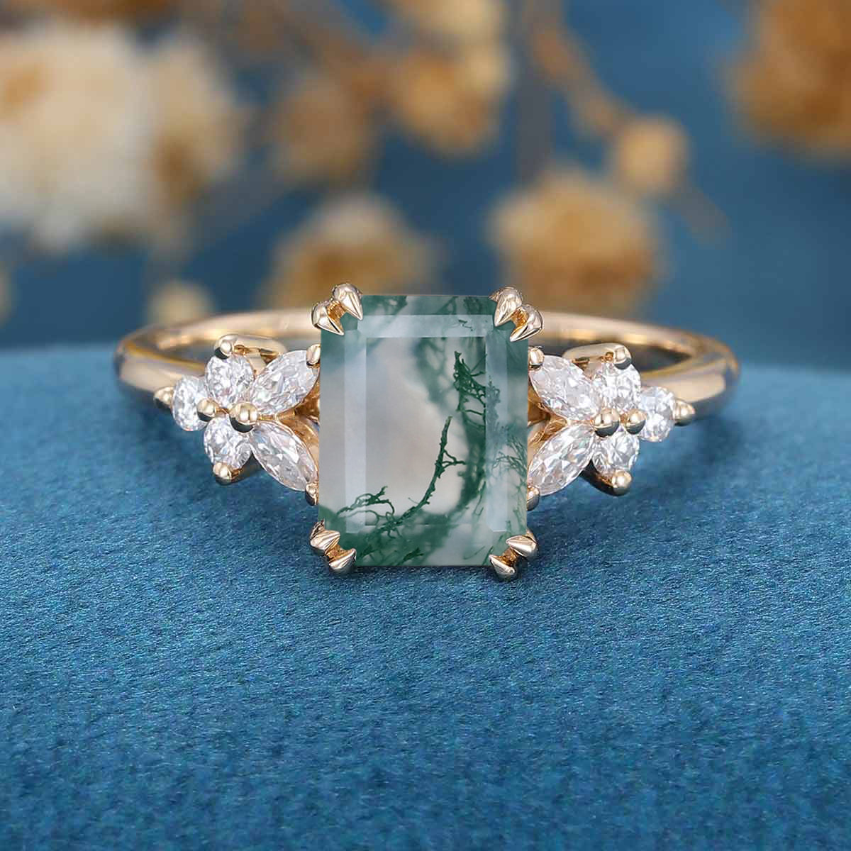 Natural Green Moss Agate Emerald cut cluster Engagement Ring - Image 11