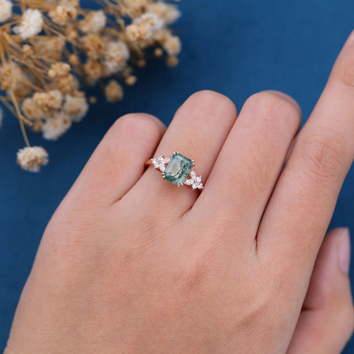 Natural Green Moss Agate Emerald cut cluster Engagement Ring - Image 2