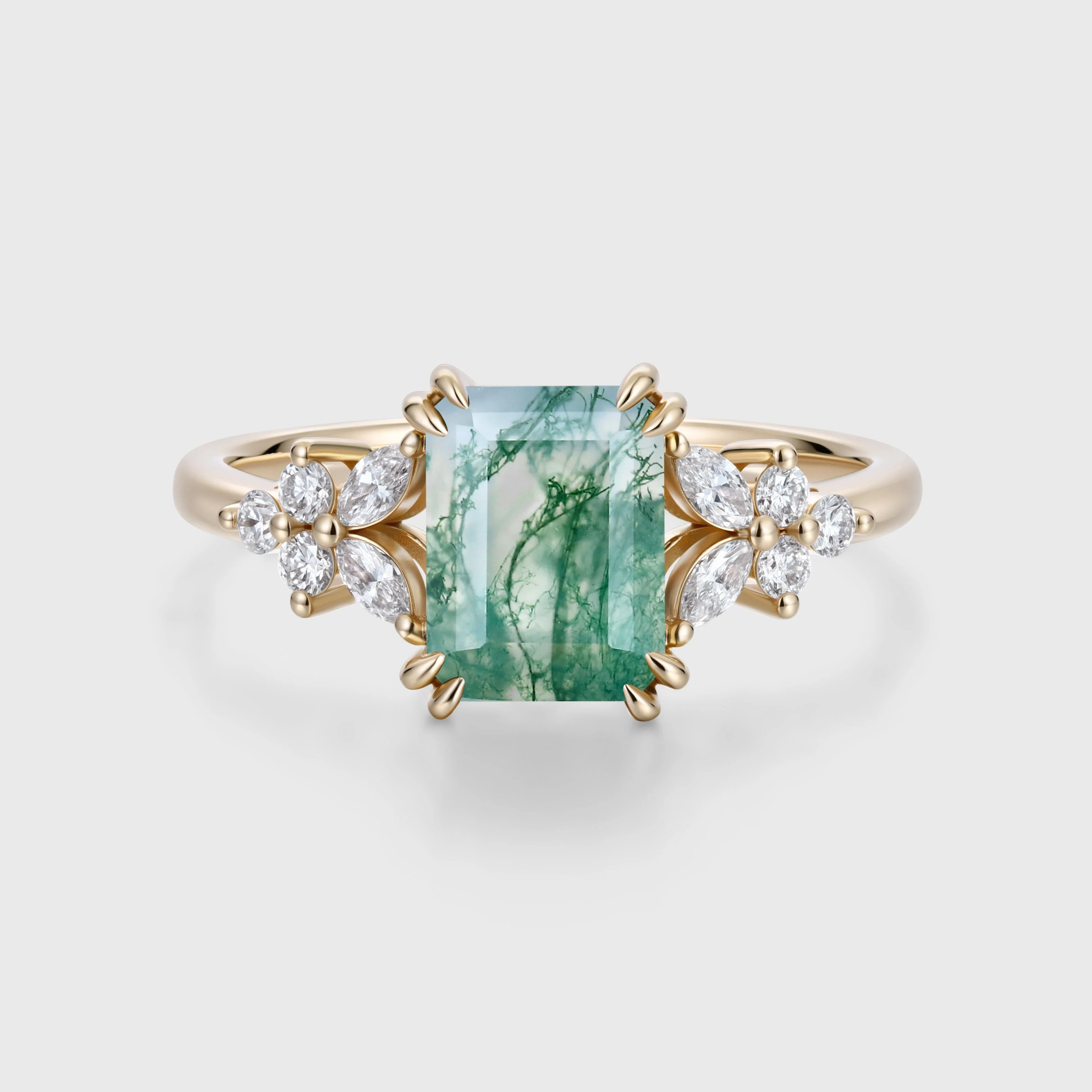 Natural Green Moss Agate Emerald cut cluster Engagement Ring - Image 3