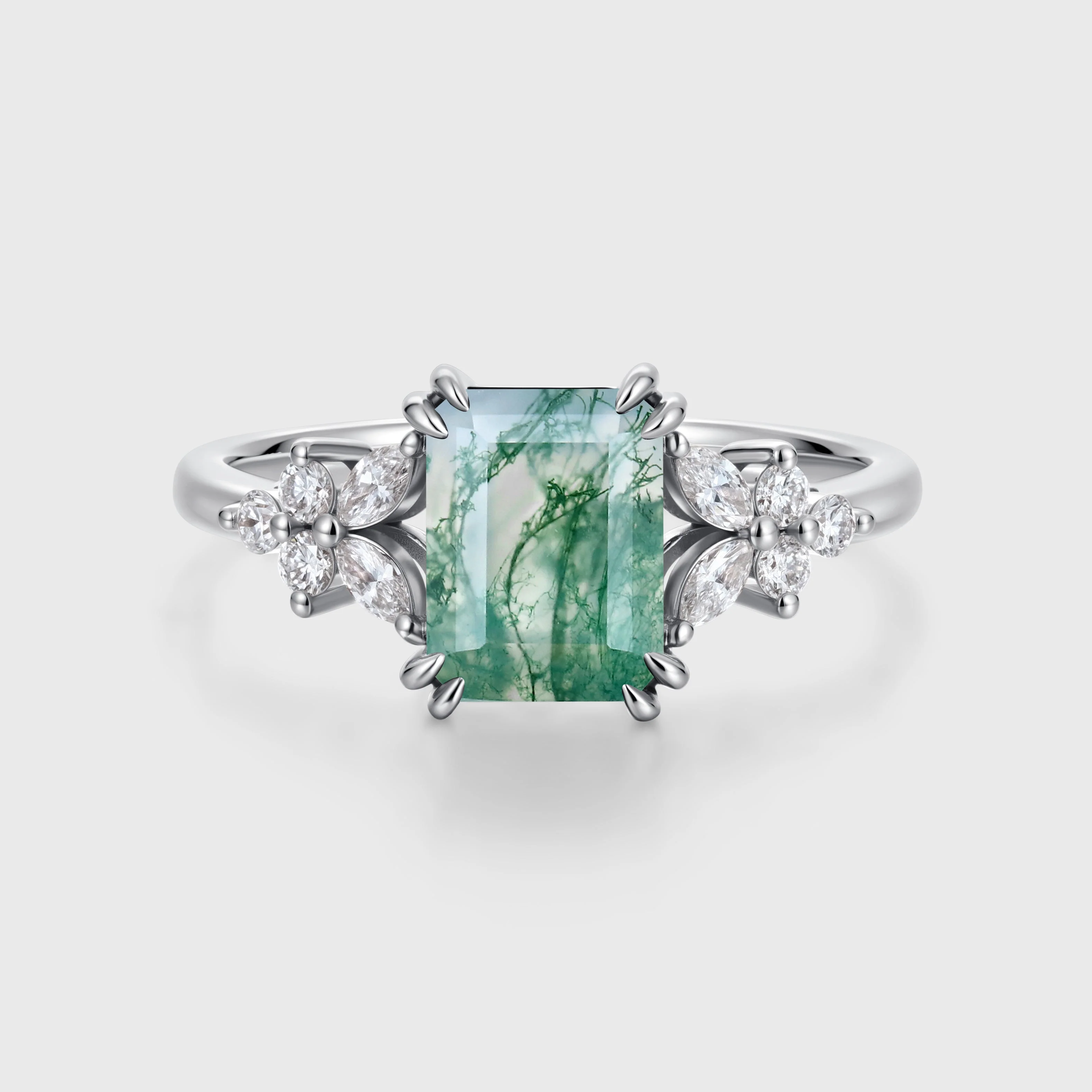 Natural Green Moss Agate Emerald cut cluster Engagement Ring - Image 4