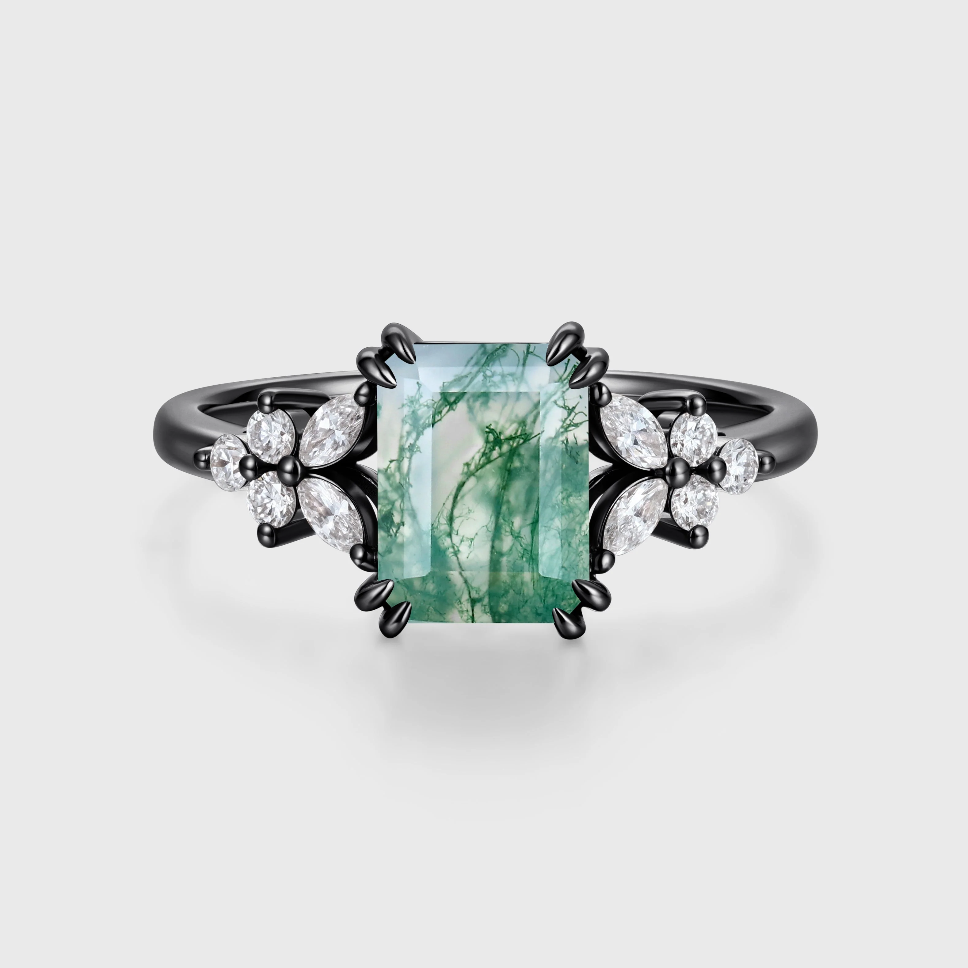 Natural Green Moss Agate Emerald cut cluster Engagement Ring - Image 5
