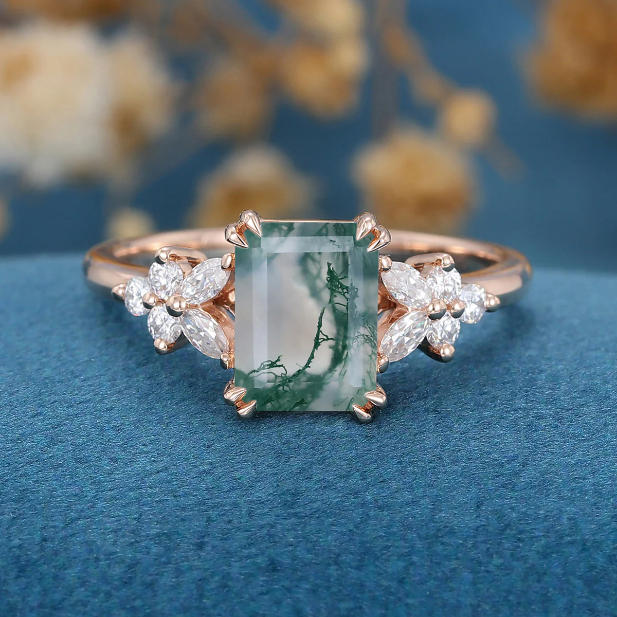 Natural Green Moss Agate Emerald cut cluster Engagement Ring - Image 6