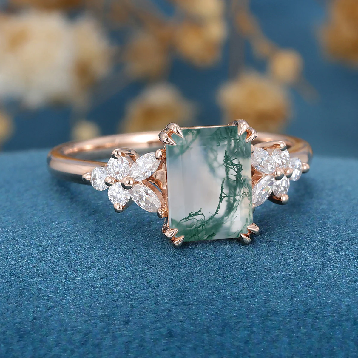 Natural Green Moss Agate Emerald cut cluster Engagement Ring - Image 7