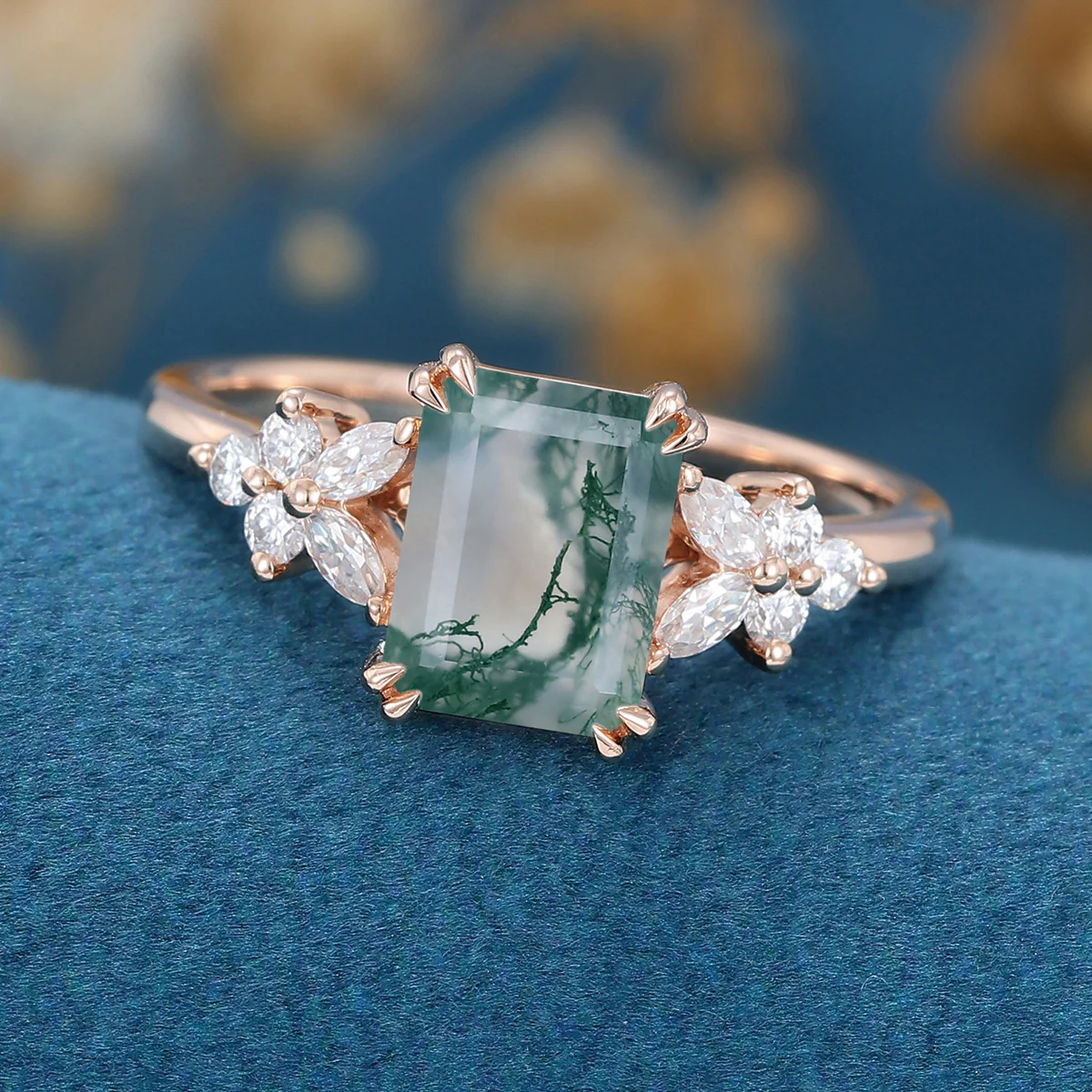 Natural Green Moss Agate Emerald cut cluster Engagement Ring - Image 8