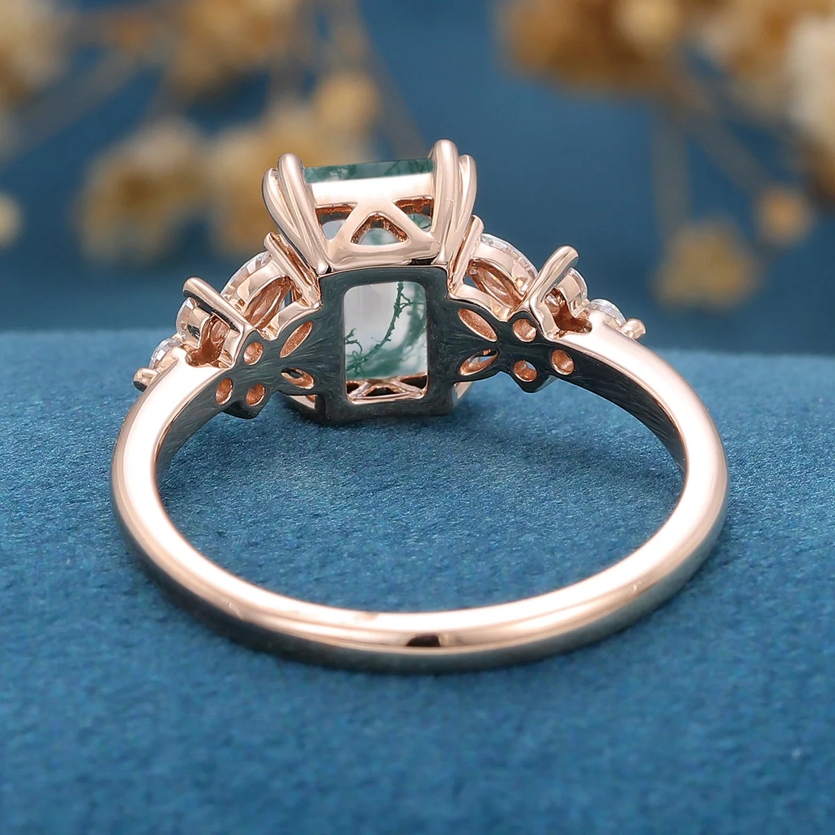 Natural Green Moss Agate Emerald cut cluster Engagement Ring - Image 9