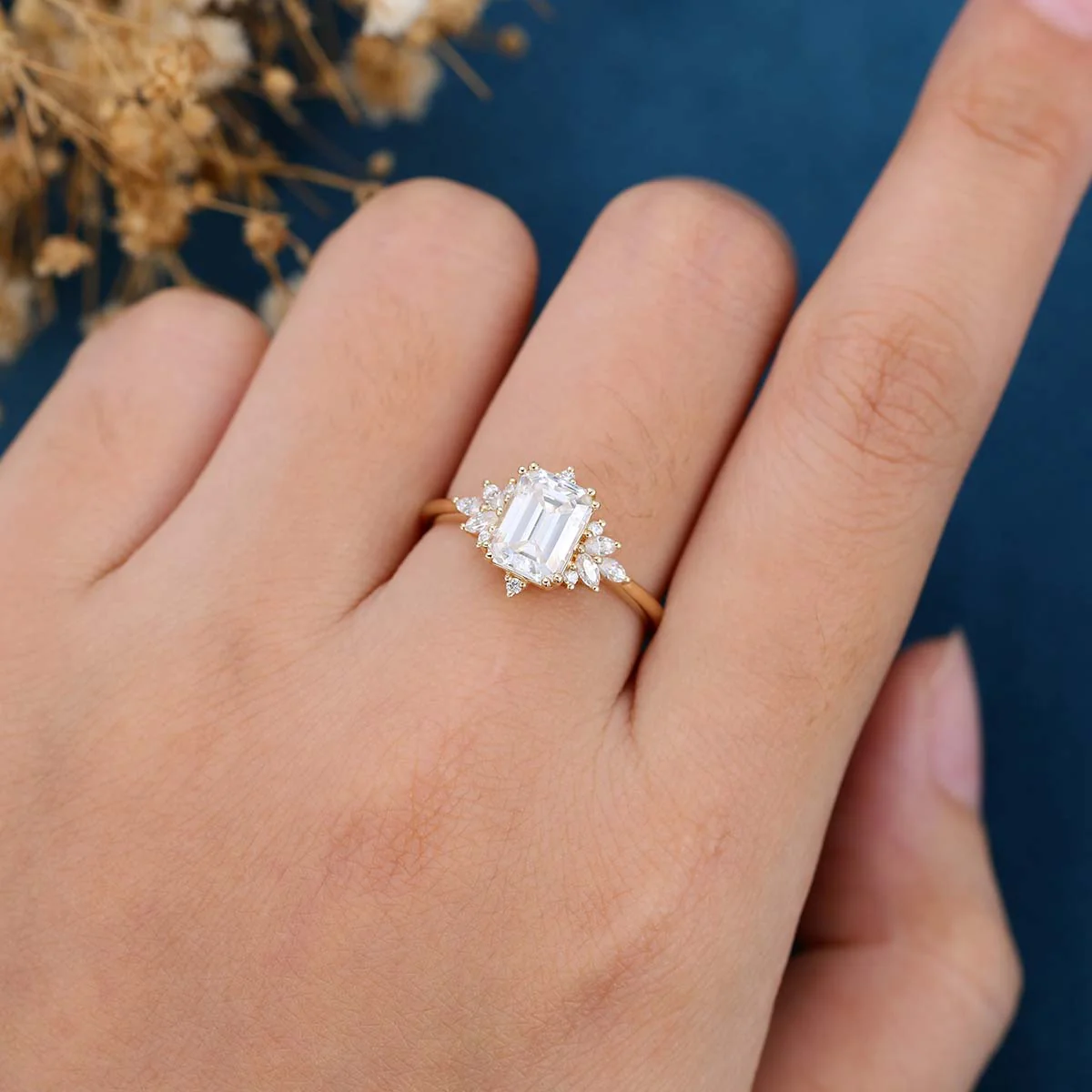 Emerald cut Moissanite Cluster Engagement ring - Image 2